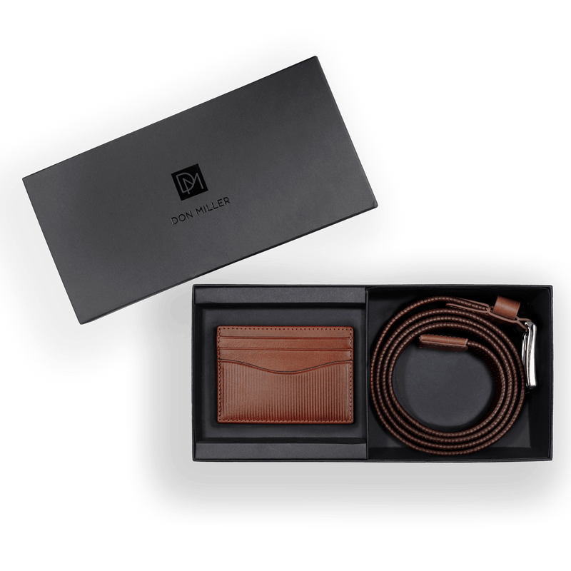 Leon Braided Leather Stretch Semi Formal Leather Belt & Polido Stripe Card Case Gift Set - Don Miller
